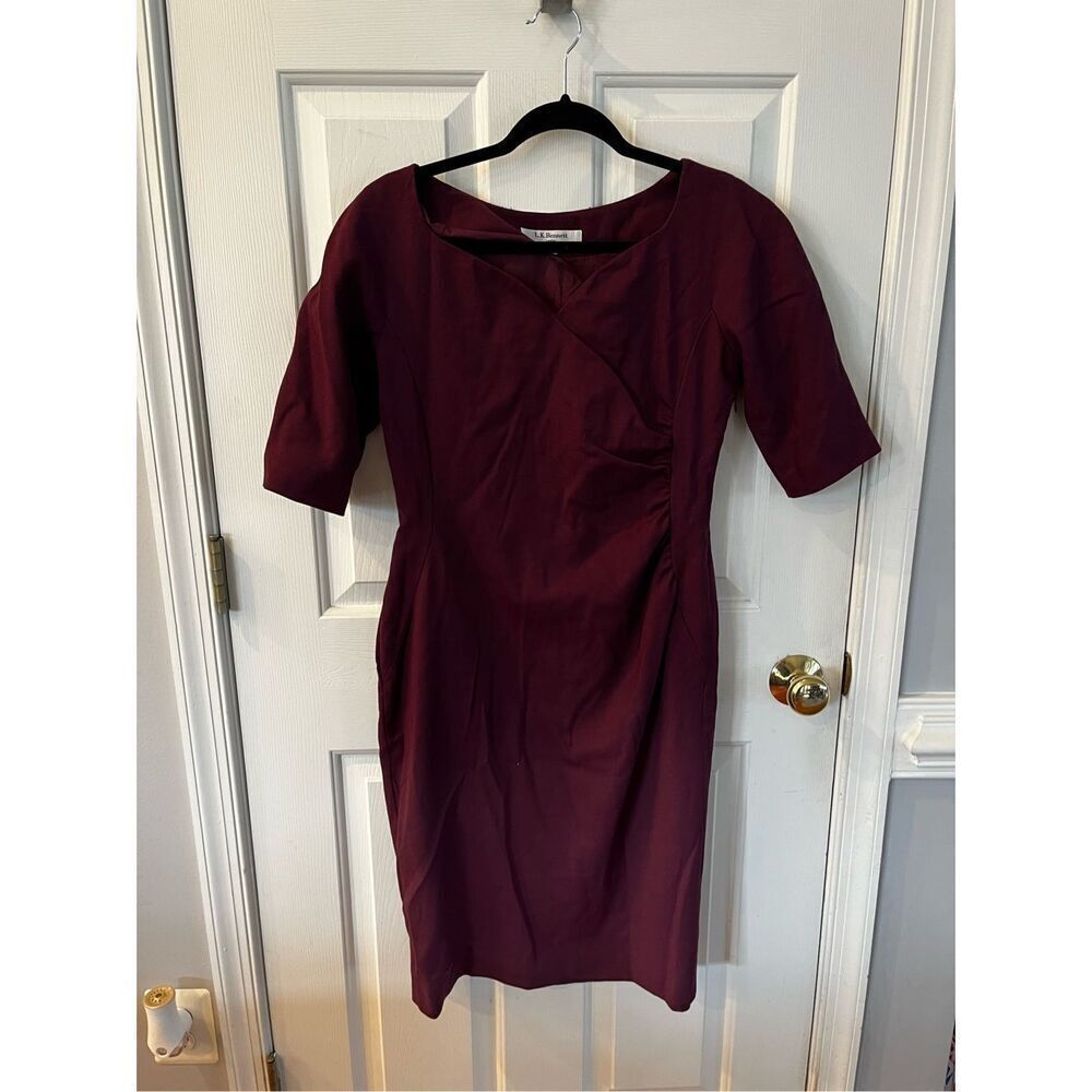 L.K. Bennett Plum Sweetheart Neckline Side Ruched Dress sz 8 EUC